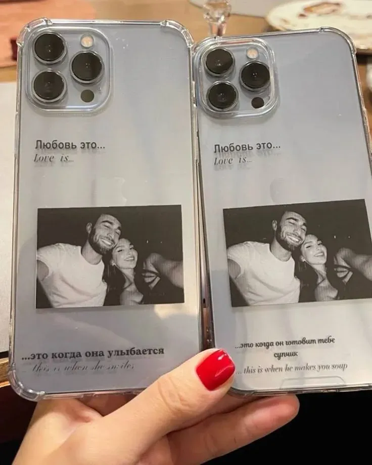 Matching phone cases with a couple photo and Love is messages