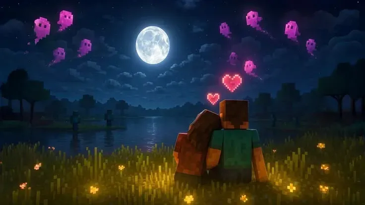 Two Minecraft characters sitting together under the moon in a shared world