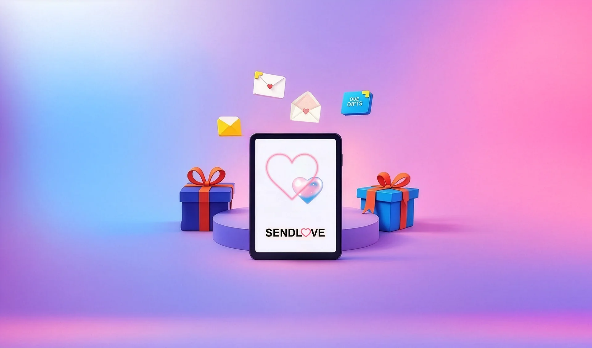 SendLove digital gifts — tablet, envelopes, and gift boxes on a purple gradient